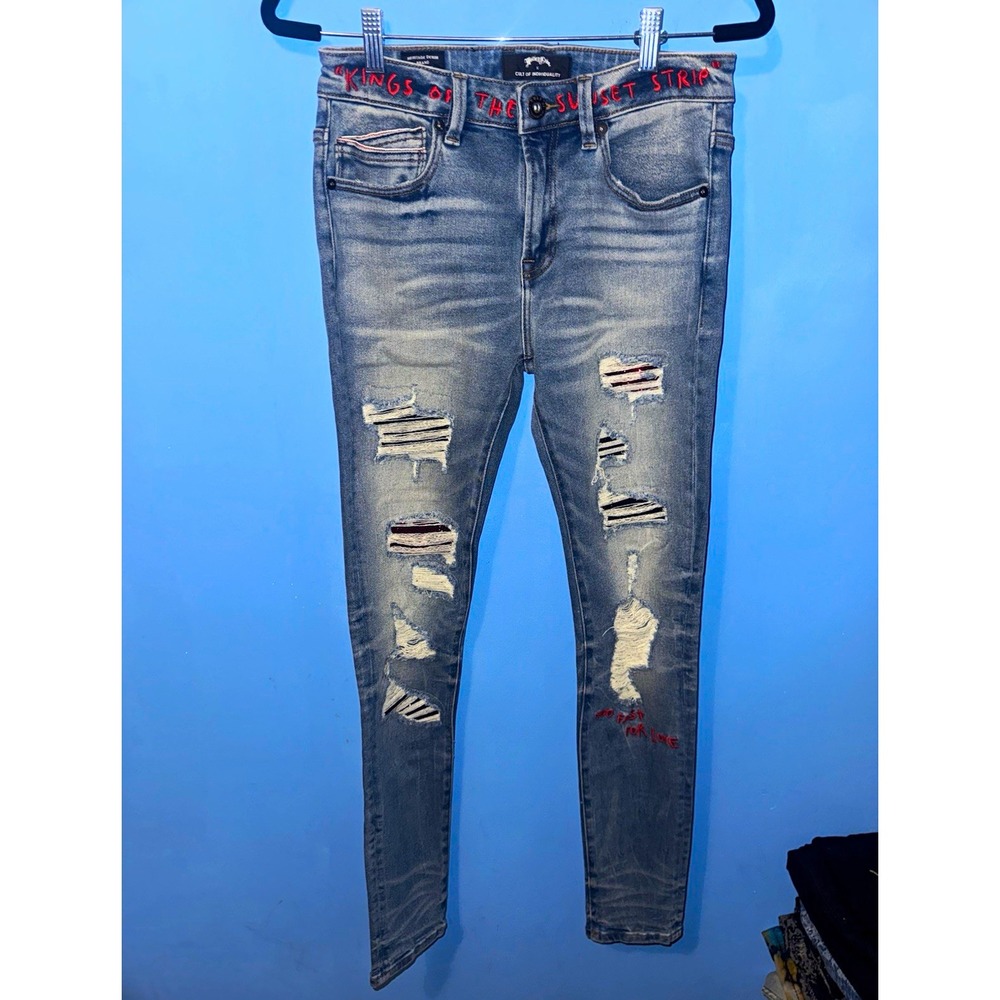 Cult of Individuality Motley Crue Skinny Jeans Distressed Blue Light Wash 30/32